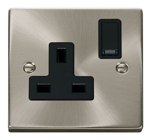 Satin Chrome 1 Gang 13A Plug Socket Outlet (Black Insert)