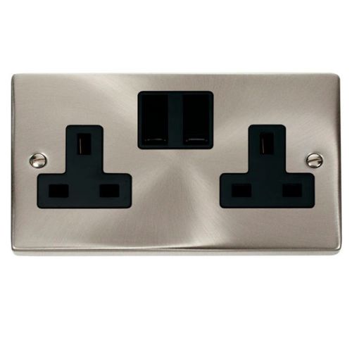 Satin Chrome 2 Gang 13A Plug Socket Outlet (Black Insert)