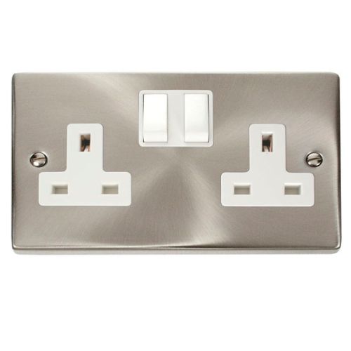 Satin Chrome 2 Gang 13A Plug Socket Outlet (White Insert)