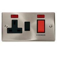 Satin Chrome 45A Cooker Switch With 13A Socket and Neons (Black Insert)