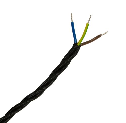 3 Core 0.75mm Black Twisted Braided Fabric Vintage Flexible Cable - Sold By The Metre