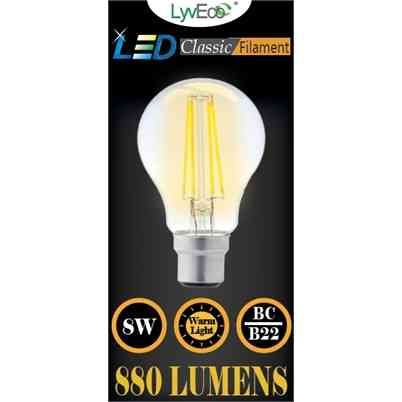 8W LED B22 / BC Clear Filament GLS Light Bulb